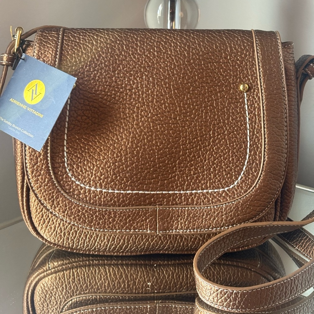 Adrienne Vittadini Bronze Saddle Bag Pebbled Faux  Leather Crossbody Shoulder